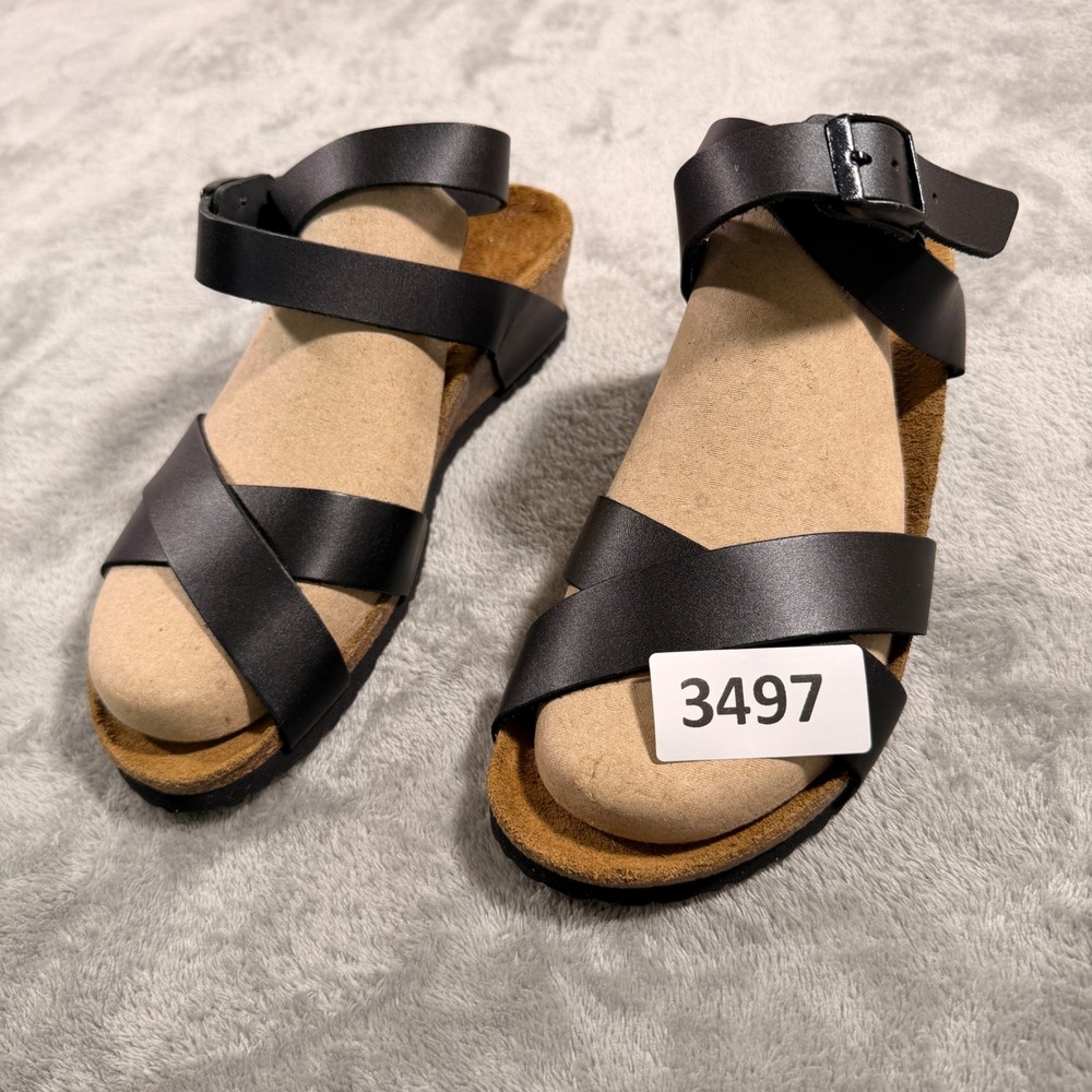 Papillio Birkenstock Wedge Sandals Womens 38 7 Black Strappy Lana Cork Heel